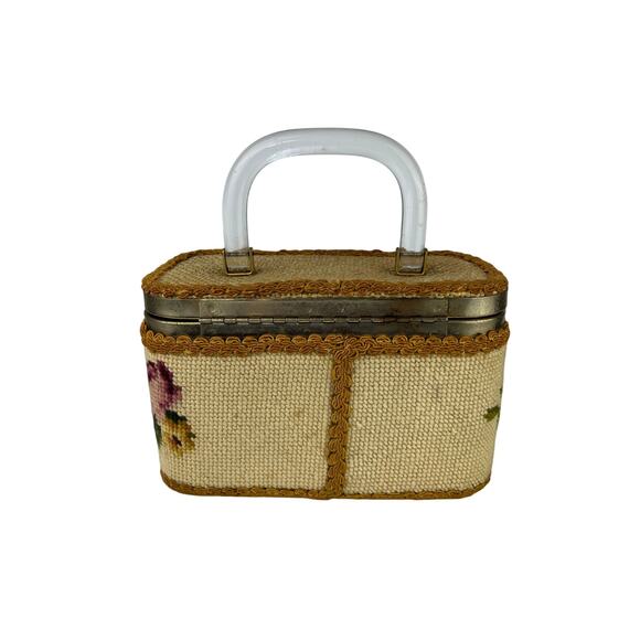 Vintage Julius Resnick Jr. Florida Needlepoint Lucite Handle Box Purse. - Picture 2 of 10
